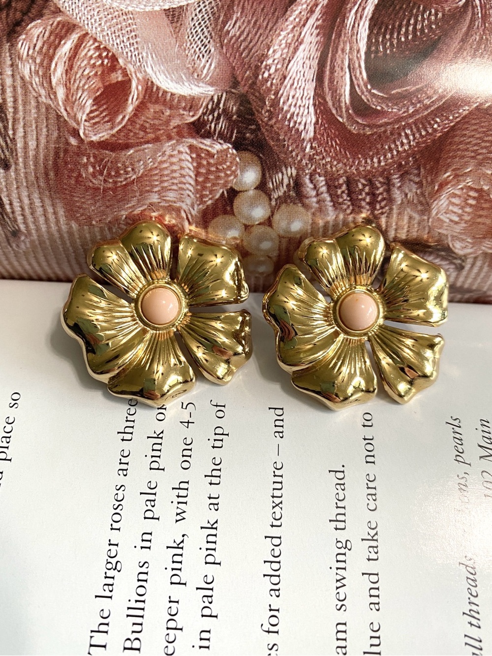 Vintage Gold Flower Earrings Pink Cabochon Statement Floral Chunky Retro Jewelry